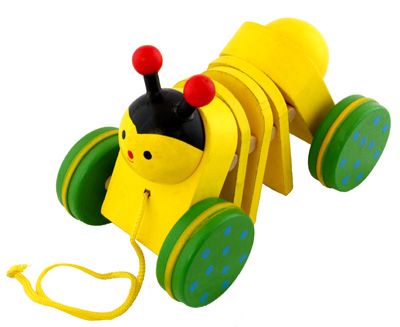 wooden kids pull along bee toy yellow