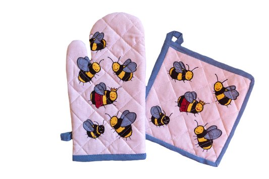 OVEN GLOVE AND POT HOLDER SET COTTON QUEEN BEE