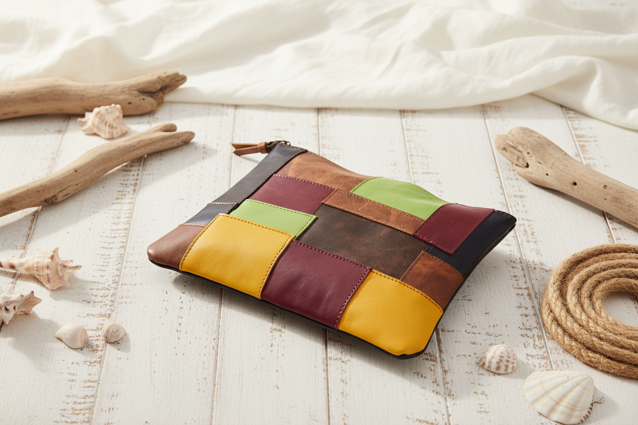 leather patch work clutch hand bag