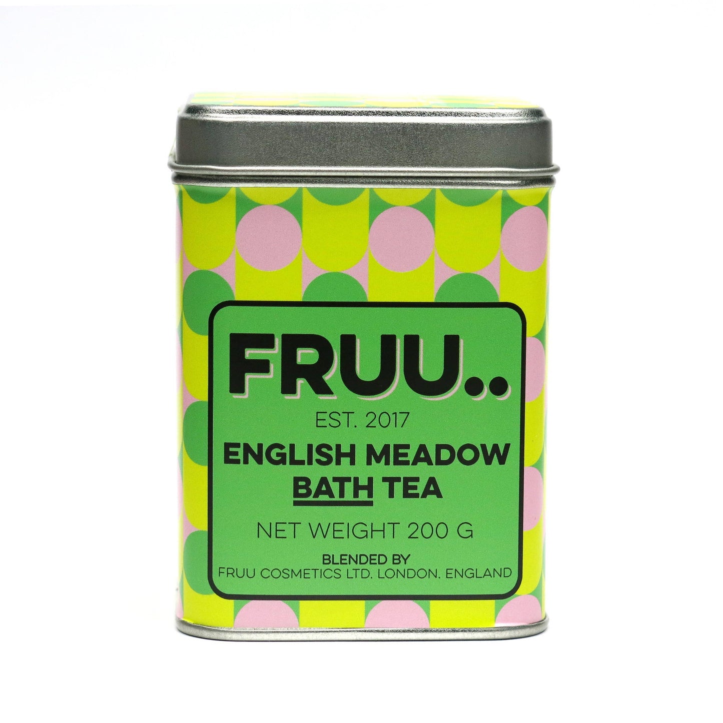 Fruu English Meadow Bath Tea canister with green and pink design on a white background