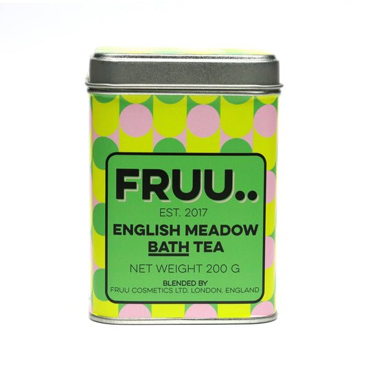 Fruu English Meadow Bath Tea canister with green and pink design on a white background