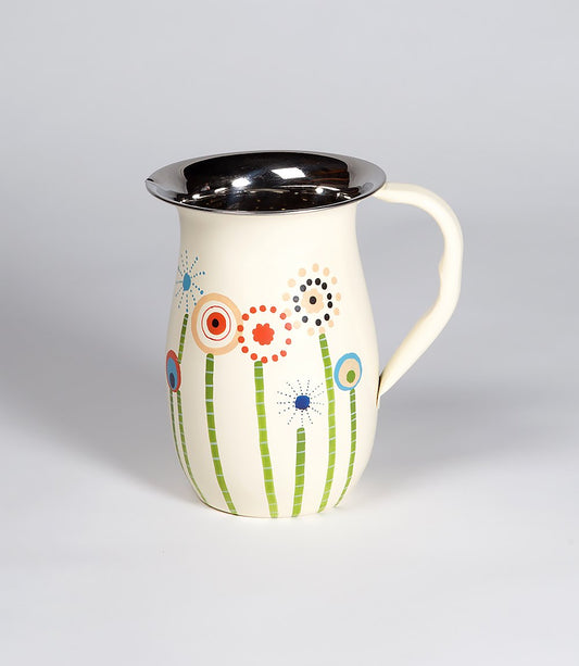 enamel flower stick jug vase hand painted india white colour
