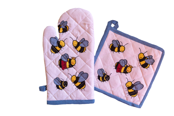 OVEN GLOVE AND POT HOLDER SET COTTON QUEEN BEE